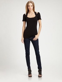 Soft stretch jersey in a figure-flattering scoopneck styled with chic crossback details.Halter straps cross at backScoopneckShort sleevesFittedAbout 27 from shoulder to hem94% rayon/6% spandexDry cleanMade in USAModel shown is 5'9 (175cm) wearing US size Small. Soft stretch jersey in a figure-flattering scoopneck styled with chic crossback details.Halter straps cross at backScoopneckShort sleevesFittedAbout 27 from shoulder to hem94% rayon/6% spandexDry cleanMade in USAModel shown is 5'9 (175cm) wearing US size Small.