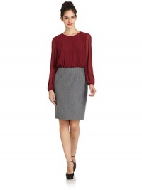THE LOOKSheer chiffon topKnit skirtSide zip with button closureButton closure at back neckVented back hemTHE FITAbout 38 from shoulder to hemTHE MATERIALBody: polyesterSkirt: wool/polyesterFully linedCARE & ORIGINDry cleanImportedModel shown is 5'9 (175cm) wearing US size Small. THE LOOKSheer chiffon topKnit skirtSide zip with button closureButton closure at back neckVented back hemTHE FITAbout 38 from shoulder to hemTHE MATERIALBody: polyesterSkirt: wool/polyesterFully linedCARE & ORIGINDry cleanImportedModel shown is 5'9 (175cm) wearing US size Small.