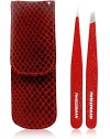 This sparkly petite tweezer set features our famous Slant and Point tweezers in a smaller size, each with our signature, perfectly aligned hand-filed tips. Tweezers are festively adorned in dazzling red glitterMatched with a fashionable leather snake skin case in festive holiday redPerfectly-sized for purse and travel and a great gift ideaImported