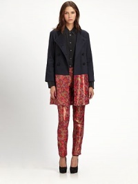 Channeling the opulence trend, this double-breasted coat has timeless brocade paneling and pure silk lining. Mandarin collarDouble-breasted button frontLong sleevesSlash pocketsBrocade panelingSilk liningAbout 34 from shoulder to hemBody: WoolTrim: Polyester/LurexDry cleanMade in USAModel shown is 5'9½ (176cm) wearing US size Small. Channeling the opulence trend, this double-breasted coat has timeless brocade paneling and pure silk lining. Mandarin collarDouble-breasted button frontLong sleevesSlash pocketsBrocade panelingSilk liningAbout 34 from shoulder to hemBody: WoolTrim: Polyester/LurexDry cleanMade in USAModel shown is 5'9½ (176cm) wearing US size Small.