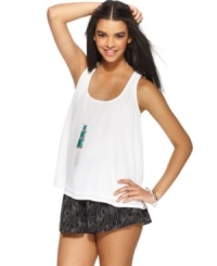 Beading trim adds a hint of shine to this Bar III racerback tank -- perfect for a dressy or casual look! Beading trim adds a hint of shine to this Bar III racerback tank -- perfect for a dressy or casual look!
