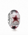 A repeating star pattern adorns a translucent murano glass bead. Logo-engraved sterling silver trim displays the PANDORA signature.