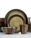 Hearty stoneware in glossy black with contrasting earth tones gives the Flair dinnerware set from Sango its striking, casual appeal.