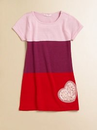 She'll make a statement in this lovely knit frock with heart appliqué in a mod, colorblocked style.ScoopneckShort sleevesPullover style95% viscose/5% spandexHand washImported She'll make a statement in this lovely knit frock with heart appliqué in a mod, colorblocked style.ScoopneckShort sleevesPullover style95% viscose/5% spandexHand washImported