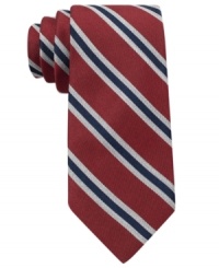 Add a new angle to your business attire with this handsome diagonally-striped silk tie from Tommy Hilfiger. Add a new angle to your business attire with this handsome diagonally-striped silk tie from Tommy Hilfiger.