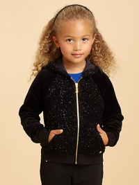 Add a little sparkle to playtime with shimmering specks on the front, back and hood of this cozy fleece hoodie.Attached hoodZip front with J pullLong plain sleeves with ribbed cuffsRibbed waistAngled front pocketsJuicy heart charm near hemCotton jersey liningPolyesterHand washImported Add a little sparkle to playtime with shimmering specks on the front, back and hood of this cozy fleece hoodie.Attached hoodZip front with J pullLong plain sleeves with ribbed cuffsRibbed waistAngled front pocketsJuicy heart charm near hemCotton jersey liningPolyesterHand washImported