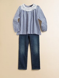 A charming long-sleeved blouse in bold cotton gingham is accented with a pretty crocheted neckline for preppy summer style.Round necklineLong raglan sleevesSingle back button keyhole closureFlared hemCottonMachine washImported A charming long-sleeved blouse in bold cotton gingham is accented with a pretty crocheted neckline for preppy summer style.Round necklineLong raglan sleevesSingle back button keyhole closureFlared hemCottonMachine washImported