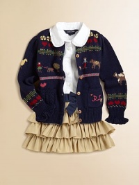A mix of stitches and an allover intarsia design inspired by classic sampler knits give a handcrafted, heritage air to a sweet cotton cardigan.CrewneckLong puffed sleeves with ruffled hemButton-frontPatch pocketRibbed cuffs and hemCottonMachine washImported Please note: Number of buttons may vary depending on size ordered. A mix of stitches and an allover intarsia design inspired by classic sampler knits give a handcrafted, heritage air to a sweet cotton cardigan.CrewneckLong puffed sleeves with ruffled hemButton-frontPatch pocketRibbed cuffs and hemCottonMachine washImported Please note: Number of buttons may vary depending on size ordered.