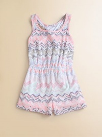 With a pastel zig-zag print in a classic romper style, this sweet one-piece is a must-have.ScoopneckSleevelessPull-on styleTwisted back openingElastic waistRayonMachine washImported With a pastel zig-zag print in a classic romper style, this sweet one-piece is a must-have.ScoopneckSleevelessPull-on styleTwisted back openingElastic waistRayonMachine washImported