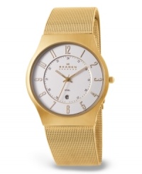 A sleek, pale goldtone men's watch from Skagen Denmark, with expert functionality everyday style. Goldtone stainless steel mesh bracelet and round case. Round white dial with subdial, date window, logo and numerical indices. Water resistant to 30 meters. Quartz movement. Ten-year limited warranty. A sleek, pale goldtone men's watch from Skagen Denmark, with expert functionality everyday style. Goldtone stainless steel mesh bracelet and round case. Round white dial with subdial, date window, logo and numerical indices. Water resistant to 30 meters. Quartz movement. Ten-year limited warranty.
