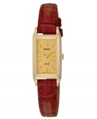 Powered by all types of light, this watch by Seiko is an energy-efficient and elegant choice. Brown croc-embossed leather strap and rectangular brushed and polished gold tone stainless steel case, 15mm. Champagne dial features stick indices, two gold tone hands and logo. Quartz movement. Water resistant to 30 meters. Three-year limited warranty. Powered by all types of light, this watch by Seiko is an energy-efficient and elegant choice. Brown croc-embossed leather strap and rectangular brushed and polished gold tone stainless steel case, 15mm. Champagne dial features stick indices, two gold tone hands and logo. Quartz movement. Water resistant to 30 meters. Three-year limited warranty.