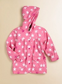 She'll beat the rainy day blues wearing this star-adorned, rainy weather essential with ultra-soft terry lining. Attached hoodLong sleevesSnap frontFront flap snap pocketsFully linedPolyurethaneLining: 78% cotton/22% polyesterMachine washImported She'll beat the rainy day blues wearing this star-adorned, rainy weather essential with ultra-soft terry lining. Attached hoodLong sleevesSnap frontFront flap snap pocketsFully linedPolyurethaneLining: 78% cotton/22% polyesterMachine washImported
