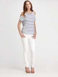 Playfully striped crewneck has open shoulders and a hi-low hem that hits below the hips. CrewneckOpen shouldersShort sleevesHi-low hem hits below the hipsRayonDry cleanImportedModel shown is 5'10 (177cm) wearing US size Small. Playfully striped crewneck has open shoulders and a hi-low hem that hits below the hips. CrewneckOpen shouldersShort sleevesHi-low hem hits below the hipsRayonDry cleanImportedModel shown is 5'10 (177cm) wearing US size Small.
