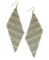Double the drama. Diamond-shaped drops glimmer with the addition of turquoise and black crystals on this dynamic INC International Concepts' earring style. Set in 12k gold-plated mixed metal. Approximate drop: 5 inches. Double the drama. Diamond-shaped drops glimmer with the addition of turquoise and black crystals on this dynamic INC International Concepts' earring style. Set in 12k gold-plated mixed metal. Approximate drop: 5 inches.