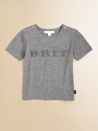 The bold Burberry Brit logo is splashed across the front of a heathery cotton tee, the embroidered letters with the sporty texture of woven rope.CrewneckShort sleevesPullover style with shoulder buttonsCottonMachine washImported The bold Burberry Brit logo is splashed across the front of a heathery cotton tee, the embroidered letters with the sporty texture of woven rope.CrewneckShort sleevesPullover style with shoulder buttonsCottonMachine washImported