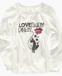 Casual and always comfortable to wear are cotton t-shirts. This Baby Phat long sleeve crew t-shirt works well with jeans, jeggings, or tights. Casual and always comfortable to wear are cotton t-shirts. This Baby Phat long sleeve crew t-shirt works well with jeans, jeggings, or tights.