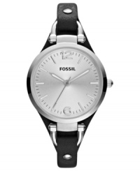 A thin leather strap holds a steel case on this unique Georgia collection watch by Fossil. A thin leather strap holds a steel case on this unique Georgia collection watch by Fossil.