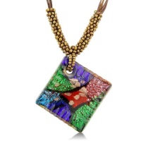 Multicolored Murano Glass Square Pendant on 19 Inch Beaded Cord Necklace Multicolored Murano Glass Square Pendant on 19 Inch Beaded Cord Necklace
