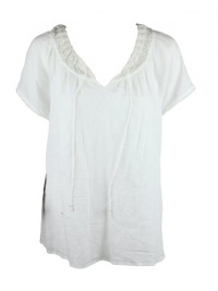 Charter Club Womens Crocheted Neck Short Sleeve Top Charter Club Womens Crocheted Neck Short Sleeve Top