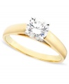 A stunning round-cut diamond (1 ct. t.w.) engagement ring set in 14k gold bears a traditional design she'll adore.