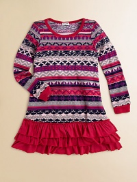 She'll be comfy and stylish on the playground in this cozy knit dress with a tiered ruffle skirt. CrewneckLong sleeves with solid cuffsPull-on styleThree-tiered ruffle hemBody: cotton/modal/spandexTrim: pima cotton/modalMachine washImported She'll be comfy and stylish on the playground in this cozy knit dress with a tiered ruffle skirt. CrewneckLong sleeves with solid cuffsPull-on styleThree-tiered ruffle hemBody: cotton/modal/spandexTrim: pima cotton/modalMachine washImported