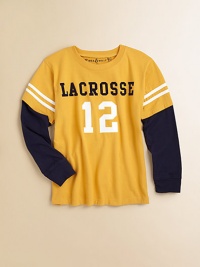 He'll be in the game in this sporty, layered-look, cotton tee with lacrosee detailing.CrewneckLong sleevesPullover styleCottonMachine washImported He'll be in the game in this sporty, layered-look, cotton tee with lacrosee detailing.CrewneckLong sleevesPullover styleCottonMachine washImported