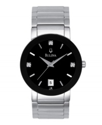 Clean lines, striking style, for the man in charge of his look. With a stainless steel bracelet and case, black enamel bezel, and black dial with diamond accent markers. 3-hand movement, date display. Water resistant to 30 meters. Clean lines, striking style, for the man in charge of his look. With a stainless steel bracelet and case, black enamel bezel, and black dial with diamond accent markers. 3-hand movement, date display. Water resistant to 30 meters.