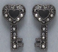 Small Hematite Plated Sparkling Black Crystal Open Heart Shaped 1/2 Key Stud Earrings Small Hematite Plated Sparkling Black Crystal Open Heart Shaped 1/2 Key Stud Earrings