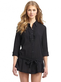 THE LOOKCrinkled textureShirt collarRuffled bib frontButton frontThree-quarter length sleeves with button cuffsRemovable tie beltTHE FITAbout 28 from shoulder to hemTHE MATERIALCottonCARE & ORIGINHand washImportedModel shown is 5'10 (177cm) wearing US size Small. THE LOOKCrinkled textureShirt collarRuffled bib frontButton frontThree-quarter length sleeves with button cuffsRemovable tie beltTHE FITAbout 28 from shoulder to hemTHE MATERIALCottonCARE & ORIGINHand washImportedModel shown is 5'10 (177cm) wearing US size Small.