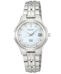 A drop of golden sun on your wrist, this solar-powered timepiece from Seiko shimmers with diamond accents. A drop of golden sun on your wrist, this solar-powered timepiece from Seiko shimmers with diamond accents.