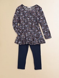 An allover mini floral pattern and a swingy A-line silhouette lend a pretty, playful air to this charming set. Tunic Scoop necklineLong sleevesA-lineRuffle hem Leggings Elasticized waistbandPull-on style96% rayon/4% spandexMachine washImported An allover mini floral pattern and a swingy A-line silhouette lend a pretty, playful air to this charming set. Tunic Scoop necklineLong sleevesA-lineRuffle hem Leggings Elasticized waistbandPull-on style96% rayon/4% spandexMachine washImported