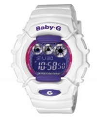 Up your game with this tough but chic sports watch, by Baby-G. Crafted of white resin strap and round case. Blue logo at bezel. Blue and purple shock-resistant, digital negative display dial features EL backlight, world time, four daily alarms and snooze option, stopwatch, countdown timer and 12/24-hour formats. Quartz movement. Water resistant to 100 meters. One-year limited warranty. Up your game with this tough but chic sports watch, by Baby-G. Crafted of white resin strap and round case. Blue logo at bezel. Blue and purple shock-resistant, digital negative display dial features EL backlight, world time, four daily alarms and snooze option, stopwatch, countdown timer and 12/24-hour formats. Quartz movement. Water resistant to 100 meters. One-year limited warranty.
