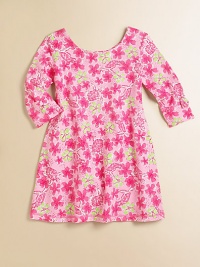 Bright and breezy floral print dress has the fit-and-flare silhouette she loves.Scoop neck front and backThree-quarter sleeves with bow details on cuffsCotton/SpandexMachine washImported Bright and breezy floral print dress has the fit-and-flare silhouette she loves.Scoop neck front and backThree-quarter sleeves with bow details on cuffsCotton/SpandexMachine washImported