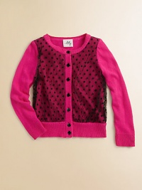 A sheer pindot overlay and pointelle detail lend unique style to an otherwise classic cardigan.Pointelle crewneckLong sleevesButton-frontPointelle detail at wrists and waistband50% viscose/45% Polyamid/5% CashmereDry cleanImported Please note: Number of buttons may vary depending on size ordered. A sheer pindot overlay and pointelle detail lend unique style to an otherwise classic cardigan.Pointelle crewneckLong sleevesButton-frontPointelle detail at wrists and waistband50% viscose/45% Polyamid/5% CashmereDry cleanImported Please note: Number of buttons may vary depending on size ordered.