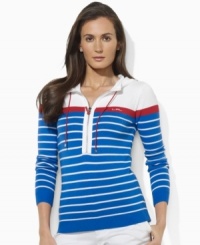 Rendered from luxuriously smooth combed cotton yarns, Lauren by Ralph Lauren's half-zip hoodie is emboldened with sleek stripes for a chic, active look. Rendered from luxuriously smooth combed cotton yarns, Lauren by Ralph Lauren's half-zip hoodie is emboldened with sleek stripes for a chic, active look.