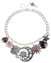 Look stellar. Betsey Johnson's star and moon frontal necklace is crafted from hematite-plated silver-tone mixed metal with glass crystal accents providing a lustrous touch. Approximate length: 15 inches + 3-inch extender. Approximate drop: 2-1/4 inches. Look stellar. Betsey Johnson's star and moon frontal necklace is crafted from hematite-plated silver-tone mixed metal with glass crystal accents providing a lustrous touch. Approximate length: 15 inches + 3-inch extender. Approximate drop: 2-1/4 inches.