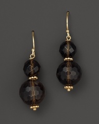 Faceted smoky quartz and 14K yellow gold drop earrings from Lara Gold for LTC. Faceted smoky quartz and 14K yellow gold drop earrings from Lara Gold for LTC.