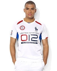 A performance-driven crewneck T-shirt is designed from silky soft-touch microfiber with bold country details to celebrate Team USA's participation in the 2012 Olympic Games. A performance-driven crewneck T-shirt is designed from silky soft-touch microfiber with bold country details to celebrate Team USA's participation in the 2012 Olympic Games.