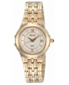 A luxurious pale goldtone and fine details distinguish this women's watch from Seiko. White round dial with textured center, logo and date display. Quartz movement. Water resistant to 50 meters. Three-year limited warranty.