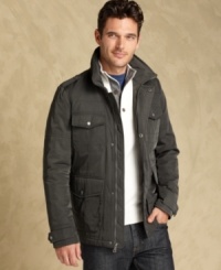 Play the field. The polytwill on this field jacket from Tommy Hilfiger puts a rugged military spin on your style. Play the field. The polytwill on this field jacket from Tommy Hilfiger puts a rugged military spin on your style.