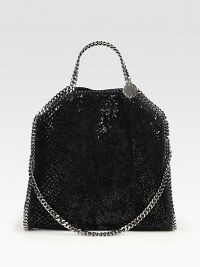 A highly-textured faux leather design trimmed with whip stitch and link chain trim.Double top chain handles, 4½ dropShoulder chain strap, 10½ dropSnap fold-over closureOne inside zip pocketFully lined14W X 13H X 3DMade in Italy A highly-textured faux leather design trimmed with whip stitch and link chain trim.Double top chain handles, 4½ dropShoulder chain strap, 10½ dropSnap fold-over closureOne inside zip pocketFully lined14W X 13H X 3DMade in Italy