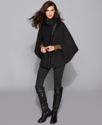 Chic and just a little bit daring, Via Spiga's patent-trimmed cape proves that you can keep warm in style. Chic and just a little bit daring, Via Spiga's patent-trimmed cape proves that you can keep warm in style.