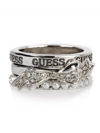 GUESS Bow Pearl Three Ring Set - Size 7, SILVER (7) GUESS Bow Pearl Three Ring Set - Size 7, SILVER (7)