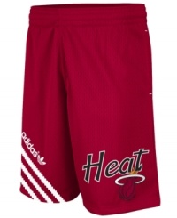 Get fired up over this pair of Miami Heat basketball shorts from adidas. Get fired up over this pair of Miami Heat basketball shorts from adidas.