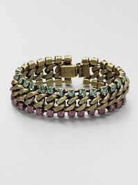 Two rows of sparkling and colorful Swarovski crystals sandwich a chic link chain. Swarovski crystalsOxide-plated brassLength, about 7.5Box and tongue closureMade in USA Two rows of sparkling and colorful Swarovski crystals sandwich a chic link chain. Swarovski crystalsOxide-plated brassLength, about 7.5Box and tongue closureMade in USA
