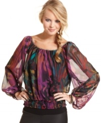 Bring your day look to life in XOXO's colorfully-printed scoop neck top! Billowy blouson sleeves add just a hint of glamour. Bring your day look to life in XOXO's colorfully-printed scoop neck top! Billowy blouson sleeves add just a hint of glamour.