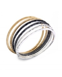 Quality and quantity: Combining shiny silver tone, matte gold tone and hematite tone mixed metals, Alfani's six piece bangle bracelet set is a versatile style for your wardrobe. Approximate diameter: 2-1/2 inches. Quality and quantity: Combining shiny silver tone, matte gold tone and hematite tone mixed metals, Alfani's six piece bangle bracelet set is a versatile style for your wardrobe. Approximate diameter: 2-1/2 inches.