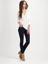 Cargo pockets and roll-tab sleeves add safari-inspired styling to this lightweight style. Point collar Cargo pockets Long roll-tab sleeves About 30 from shoulder to hem Body: rayon Trim: 50% pima cotton/50% modal Dry clean Made in USA Cargo pockets and roll-tab sleeves add safari-inspired styling to this lightweight style. Point collar Cargo pockets Long roll-tab sleeves About 30 from shoulder to hem Body: rayon Trim: 50% pima cotton/50% modal Dry clean Made in USA
