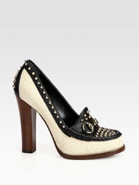 Straw high-heel loafer pump with goldtone metal studs, leather trim and a Gucci horsbit 60th anniversary detail. Stacked heel, 4½ (115mm)Straw upper with leather trim and metal studsLeather lining and solePadded insoleMade in Italy Straw high-heel loafer pump with goldtone metal studs, leather trim and a Gucci horsbit 60th anniversary detail. Stacked heel, 4½ (115mm)Straw upper with leather trim and metal studsLeather lining and solePadded insoleMade in Italy