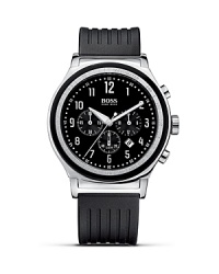 A classic sports style timepiece from HUGO BOSS with a tachymeter indicator on the bezel, black sunray brushed dial and textured soft silicone strap. A classic sports style timepiece from HUGO BOSS with a tachymeter indicator on the bezel, black sunray brushed dial and textured soft silicone strap.